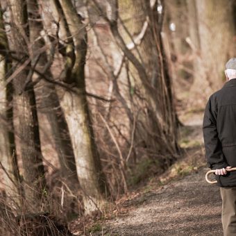 Alter Mann mit Gehstock läuft im Wald im Winter